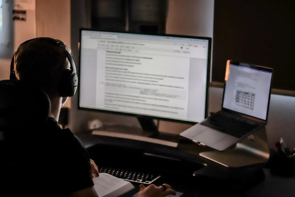 A man wearing headphones is focused on working at his computer.