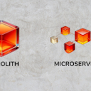 Visualization of monolith and microservices on a concrete background